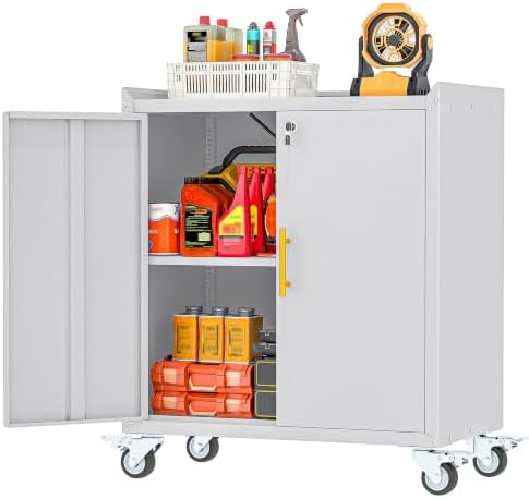 GAIOUS 35.6'' Tall Metal Garage Storage Cabinet with Wheels,Rolling File Cabinet with Lock and Adjustable Shelves,Outdoor Steel Tool Cabinet for Home,Office,Garage,White Gray by GAIOUS