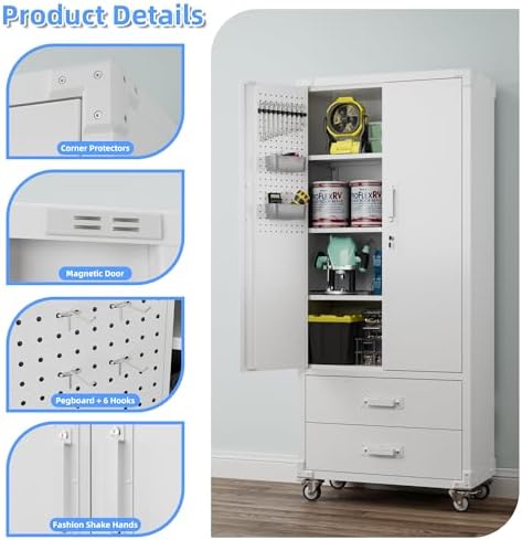 SUXXAN Rolling Storage Cabinet with 2 Doors and 2 Drawers, Heavy Duty Metal Storage Cabinet with Shelves, Locking Steel Cabinet for Warehouse, Home, Office (White) - Image 6