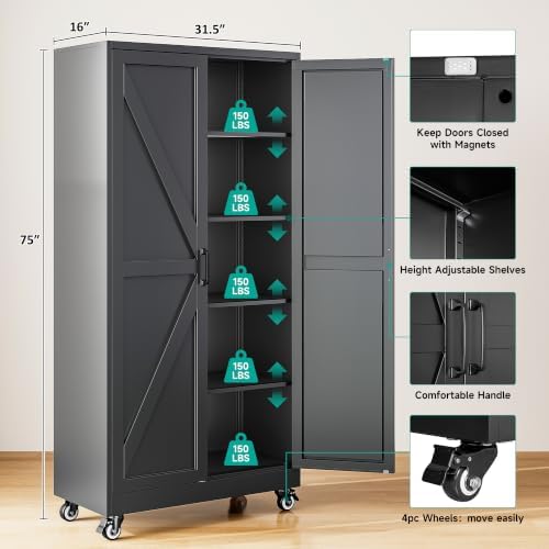 SISESOL Wide & Deep Metal Storage Cabinet with Wheels,75 inch Tall Rolling Garage Storage Cabinet, Metal Cabinets with Wheels and Shelves, Deep Heavy Duty Tool Cabinet for Garage,Office,Shop (Black) - Image 2