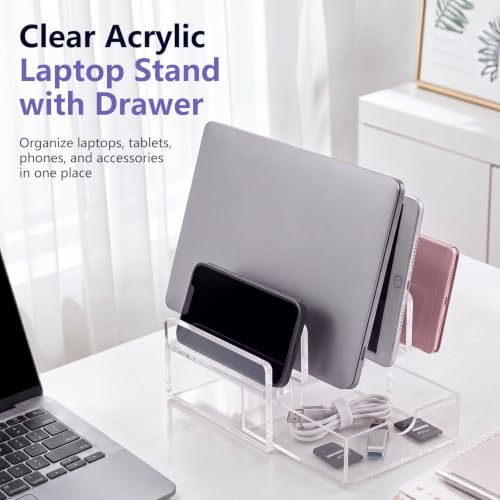 Chunful Acrylic 5-Slot Laptop Stand with Drawer, Adjustable Dividers - Image 3