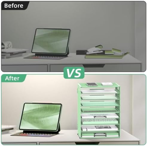 9-Tier Paper Organizer for Desk, Metal Letter Tray with Handles, Mint Green - Image 6
