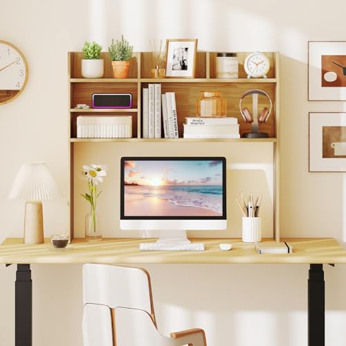 Tangkula Desktop Bookshelf for Computer Up to 32”, 37” Countertop Storage Hutch with 6 Storage Shelves, 3-Tier Desktop Organizer Display Rack, Wooden Desk Hutch for Dorm Home Office (Burlywood) - Image 5