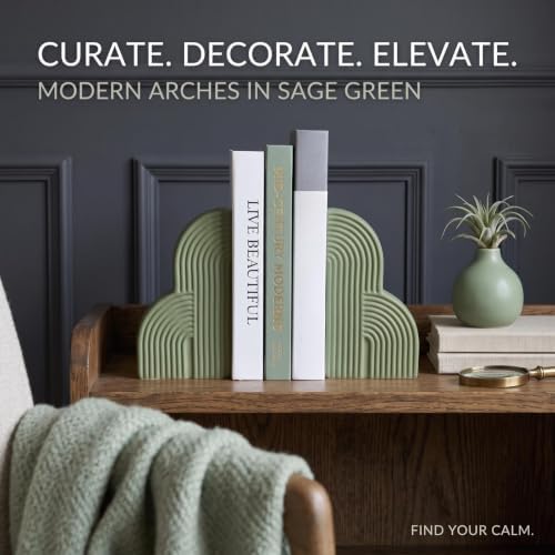 Sage Green 2 Pcs Boho Arch Concrete Bookends for Shelves, Clouds - Image 4