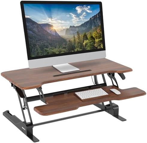 Mount-It! Large 38 Inch Standing Desk Converter, Sit Stand Desk Riser for Dual Monitors with Keyboard Tray, Height Adjustable Desktop Workstation, Easy Lift Gas Spring, Rustic Walnut Brown by Mount-It