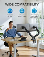 HUANUO FlowLift™ Dual Monitor Stand, Fully Adjustable Gaming Monitor Desk Mount for 13–30″ Computer Screens, Full Motion VESA 75x75/100x100 with C-Clamp & Grommet Base, Each Arm Holds 4.4 to 19.8 lbs - Image 2