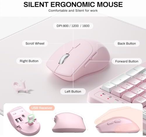 Wireless Keyboard and Mouse Combo,2.4G Ergonomic Wave Keys(Pink-A) - Image 6