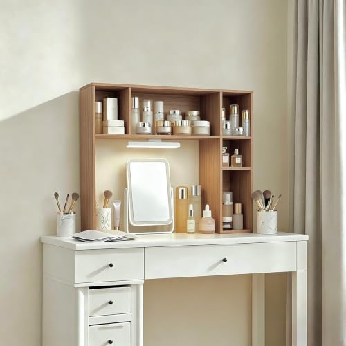 3 Tier Desktop Bookshelf with Rechargeable Eye-Friendly LED Desk Light, Desk Hutch Organizer with 5 Shelves, Wooden Desk Bookshelf for Office, Dorm and Small Space, Burlywood - Image 7