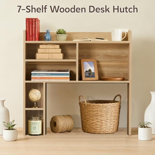 OFCASA Desktop Bookshelf, Countertop Storage Hutch with 7 Shelves for Computer Desk, 35.4'' 3-Tier Display Rack, Multipurpose Wooden Desk Hutch Storage Organizer for Home Office Dorm, Natural - Image 6