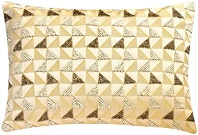 The HomeCentric Decorative Gold & Ivory 12"x22" (30x55 cm) Lumbar Pillow Cover, Jacquard Mosaic & Beaded Oblong Pillow, Geometric Pattern Modern Style - Gold Triad by TheHomeCentric