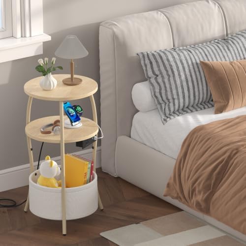 sthemc 3-Tier Small Round End Table Livingroom with Charging Station,Basket - Image 7