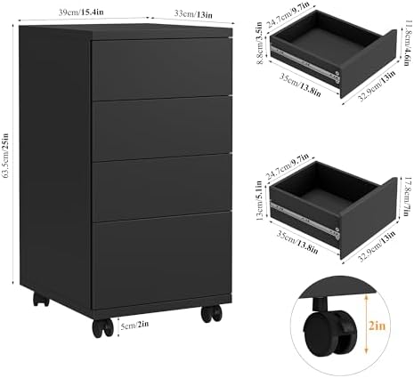 BOTLOG 4-Drawers Chest, Mobile Under Desk Drawer with Locking Casters, Wooden Printer Stand with Wheels, Rolling Craft Storage Cabinet for Home Office, Black - Image 2