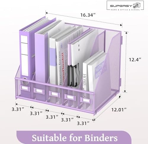 SUPEASY Desk Organizers Metal Desk Magazine File Holder with 5 Vertical Compartments Rack File Organizer for Office Desktop, Classroom, Home Workspace, Purple Plus - Image 3