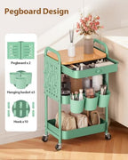 ALVOROG 3 Tier Metal Rolling Cart with Drawer,Wood Top,Pegboards,Green - Image 3