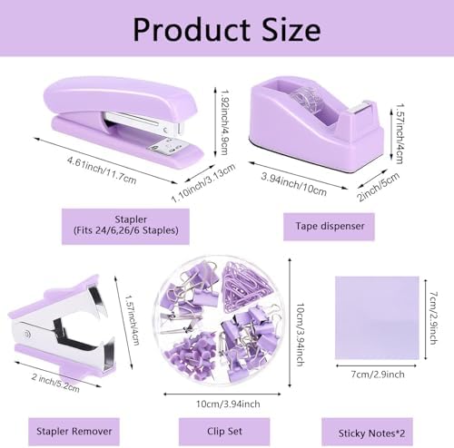 Office Supplies,Purple Desk Accessories,Desk Organizer,Stapler,Tape Dispenser,Folding Phone Stand,Scissors,Notebook,Staple Remover,Staples,Clear Tape,Sticky Notes,Clips,Cool Pen,Bookmark,Ect.22pcs - Image 6