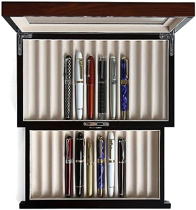 wood pen display case 24 slot Fountain pen Box storage Organizer with drawer, Top Glass Window Pen Collection Display Case by Besforu
