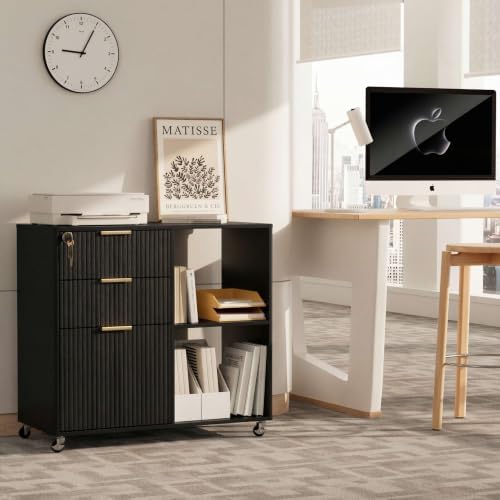 INNOD 3 Drawer Fluted Mobile Filing Cabinet with Lock, Lateral Rolling Under Desk File Cabinet, Wooden Printer Stand Table for Home Office Essentials Storage Organization Furniture Letters/A4(Black) - Image 7