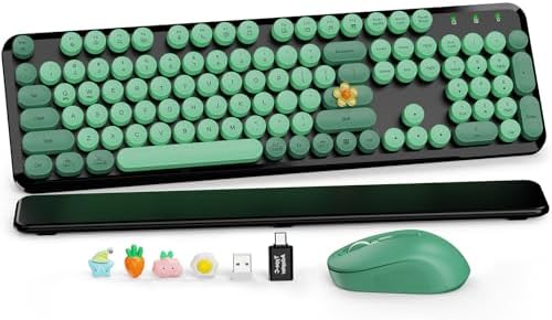 Wireless Keyboard and Mouse, Round Keycap, Magnetic Wrist Rest, Green Black by SABLUTE