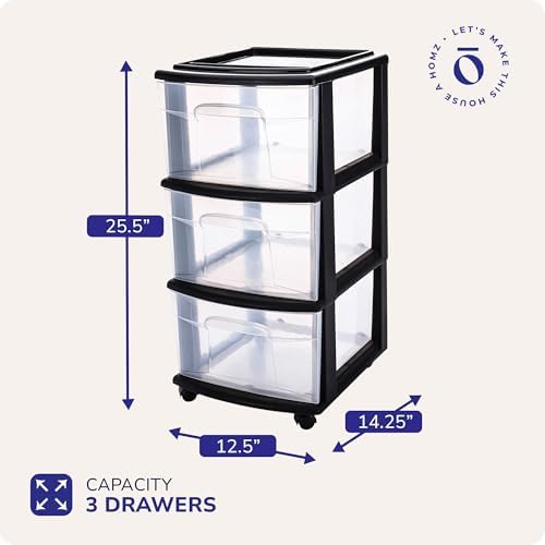 HOMZ Drawer Tower, 3-Tier Storage Cart with Removable Wheels, Black Frame - Image 3