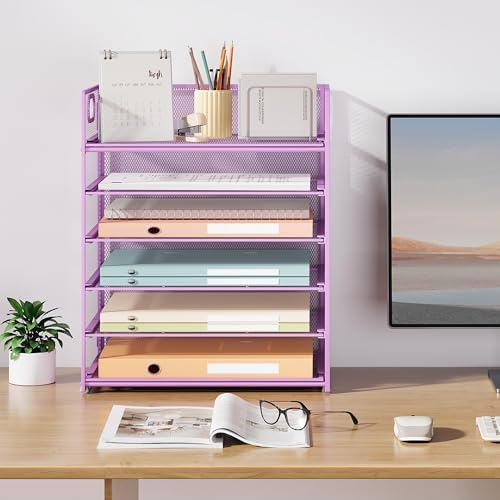 Subekyu 6-Tier Desk Paper Organizer, Desktop File Letter Tray with Handle, Document Sorter and Accessories Holder for Office, Home and School Workspace Organizers, Purple-2 Pack - Image 6