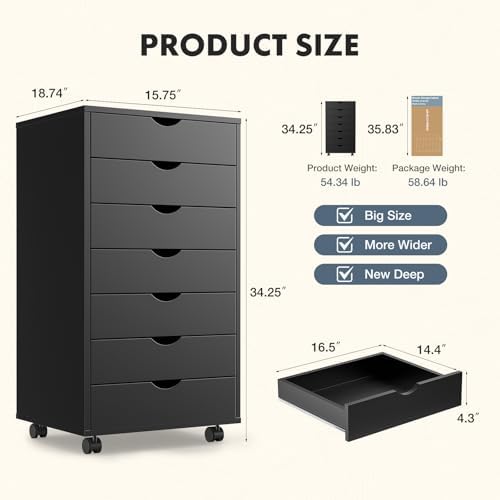 DUMOS 7 Drawer File Cabinet with Wheels, Vertical Office Storage Cabinet - Image 3