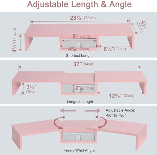 TEAMIX Pink Dual Monitor Stand Riser with Drawer - Length and Angle Adjustable Double Corner Desk Shelf Organizer 37 inch for 2 Laptop/PC/Screen/TV - Image 5