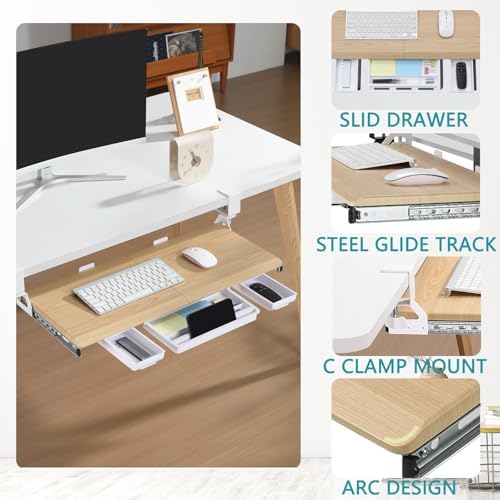 ETHU Under Desk Keyboard Tray with Metal Slide Rail, 26.8x11.8", Oak - Image 4