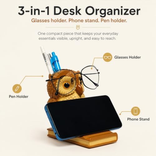 Owly Mate Owl Eyeglass Holder for Nightstand and Desk, Cute Glasses Holder with Phone Stand and Pen Holder, 3-in-1 Desk Organizer for Glasses, Phone & Pens - Gift for Owl Lovers - Image 2