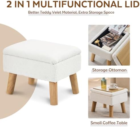Storage Ottoman, Small Foot Stool Ottoman with Storage, Teddy Velvet Foot Rest with Wood Legs, Footstool for Living Room, Bedroom, Entryway, White - Image 5