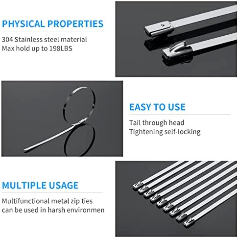 XINGO 8 inch Black Metal Zip Ties (600 Pack), 304 Stainless Steel Heavy Duty Zip Ties, 300lbs Tensile Strength, Multi-Purpose Self-locking Cable Ties for Exhaust Wrap, Outdoor and Canopy Etc - Image 4