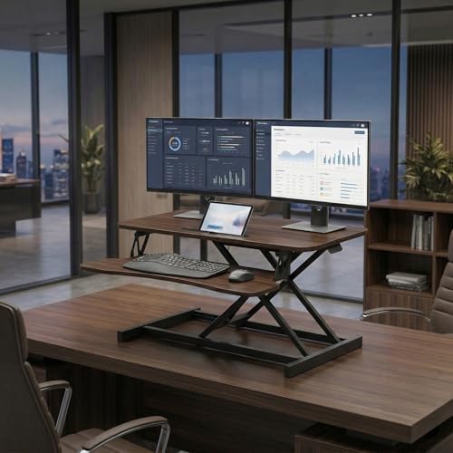 Standing Desk Converter 32" - Sit to Stand Desk Converter for Dual Monitors - Height Adjustable Desk Riser for Standing - Home Office & Corporate Use - Relieve Back Pain(Walnut) by Unknown