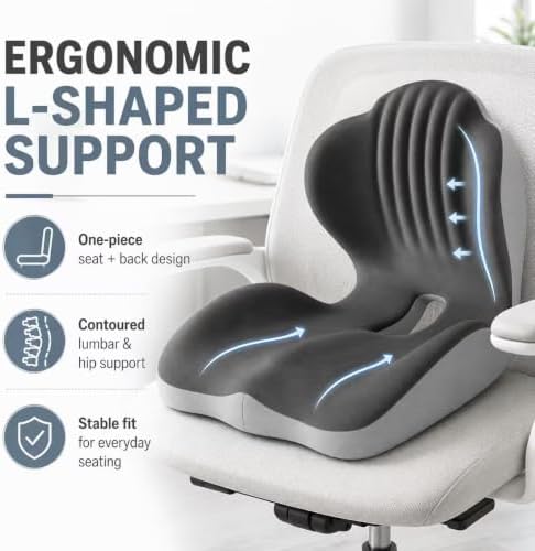 Ergonomic Memory Foam Seat Cushion, L Shaped Lumbar Support Pillow with Tailbone Relief, Orthopedic Chair Pad for Office, Car, Gaming Chair, Travel (Black & Gray) - Image 3