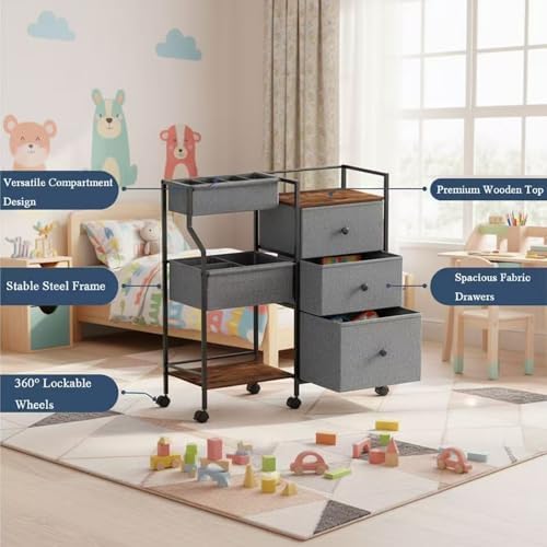 PandaEar Baby Diaper Caddy Organizer and Storage, 3-Tier Rolling Nursery Cart with Drawers & Dividers, Mobile Utility Storage Cart with Wheels for Baby Essentials, Bedroom, Changing Table, Darkgrey - Image 4