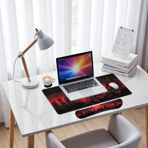 Dark City Desk Mat Set Red Moon Gothic Skyline Neon Mouse Pad with Wrist Rest 4in1 Desk Mat for Desktop Ergonomic Computer Desk Arm Wrist Anti-Slip Computer Ergonomic Mouse Pad Home Office Gaming - Image 7