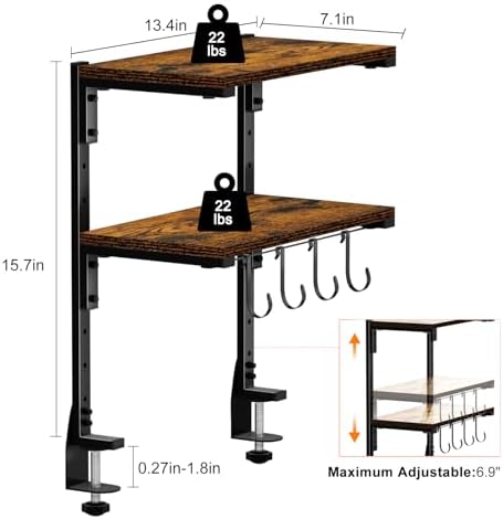 Clamp-on Desk Shelf, 13 inch Above or Below Desk 2-Tier Shelving, Adjustable Metal Storage Tray for Gaming Devices or Office Desk Accessories and More, Brown, Patent Pending - Image 3