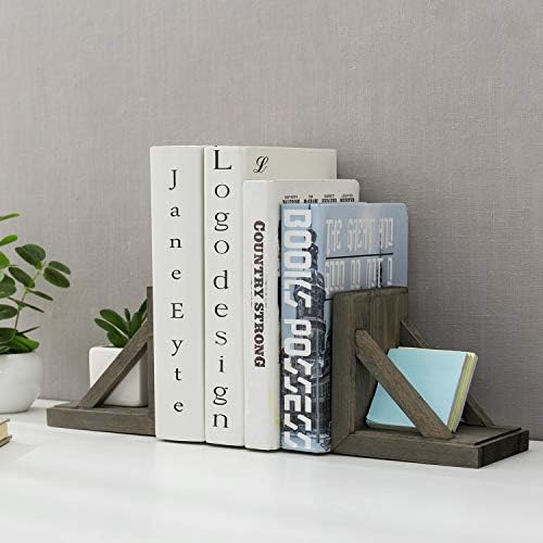 MyGift Vintage Gray Wood Decorative Bookends with Brass Metal Book Supports, Office Desk Wooden Bookend Book Stand, 2 Piece Set - Image 3