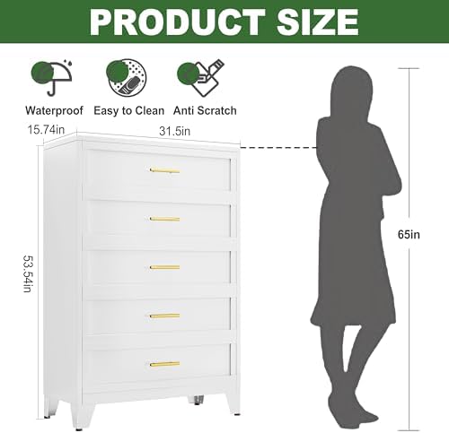 Ckzbx Metal Dresser Under Desk Metal Filing Cabinets, 53.54" H Drawer Chests of Drawers for Office, Garage (5 Drawers White 31.5inch Wide) - Image 3