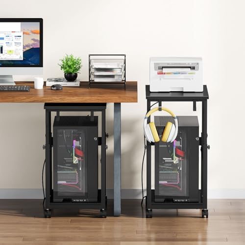 Snughome Extra-Large Computer Tower Stand with Charging Station, Adjustable PC Tower Stand for Floor 25.2"-36.2", Mobile Rolling CPU Holder Cart with Locking Wheels for Gaming Office Home - Image 2