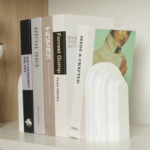 Natural Marble Book Ends - Heavy Duty Bookends for Shelves - Aesthetic Layered Arch Design Stone Book Holders, Decorative Modern Office Bookshelf Stopper Decor for Books/CDs, White - Image 7