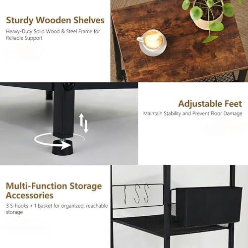 ECOLOVI Small 3 Tier Printer Stand for Under Desk, Height Adjustable Shelf Printer Table with 3 S-Hooks & Basket, Heavy Duty Industrial Storage Shelf for Home Office (Rustic Brown) - Image 3