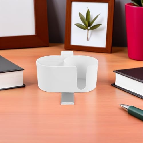 Clamp on Cup Holder 4 in 1 Metal Desk Organizer with Headphone Mount and Pen Holder for Desktop Storage, Efficient Workspace Organization, White Color Suitable for Table Use - Image 5