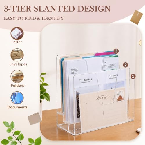 3 Section Clear Acrylic File Organizer, Inclined Desktop File Sorter - Image 3