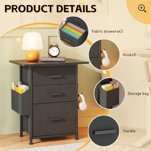 Mexin 3 Drawer File Cabinet with 22'' Extended Desktop, Mobile Filing Cabinet, Printer Stand, Rolling Printer Stand with Side Bag, Fabric Drawer, Fits A4 Size, Home Office, Black - Image 6