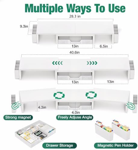 OPNICE Desk Organizer and Accessories, Computer Monitor Stand Riser with Drawer and 2 Pen Holders, Laptop Stand, Office Desk Accessories for Office Supplies, White - Image 2
