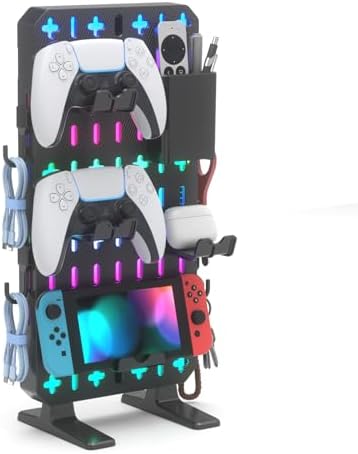 KDD 6 in 1 RGB Gaming Desk Accessories - No Drill Desk Organizer with Phone Stand/Storage Box/Headset & Controller Holder/Hooks, Freestanding Gaming Pegboard for Office & Home Desktop Decor Organizer by KDD