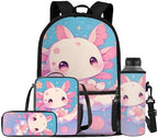 Teen's Backpack 4Pcs, Aesthetic Travel Daypack Set of 4 Include Lunch Box Pencil Case Cup Sleeve Large Capacity & Portable Daypack 4Pcs Universal for School Star Axolotl by Oamsistay