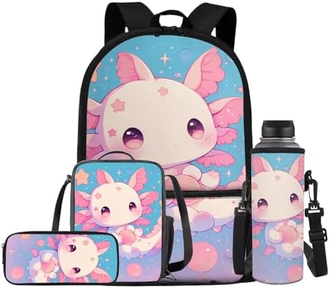 Teen's Backpack 4Pcs, Aesthetic Travel Daypack Set of 4 Include Lunch Box Pencil Case Cup Sleeve Large Capacity & Portable Daypack 4Pcs Universal for School Star Axolotl by Oamsistay