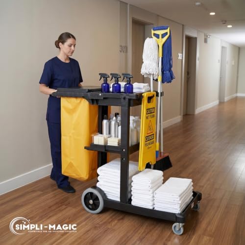 Simpli-Magic Janitorial Cart, 330 lbs Capacity – 3-Shelf Commercial Housekeeping Cleaning Cart on Wheels, 25 Gallon Bag with Lid – Stable, Smooth Movement - Image 2