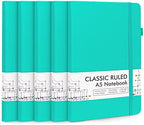 feela 5 Pack Notebooks Journals Bulk, Hardcover Notebook Classic Ruled Lined Journals with Pen Holder for Women Girls School Business Supplies, with 5 Black Pens, 120 GSM, 5.1”x8.3”, A5, Aqua by feela