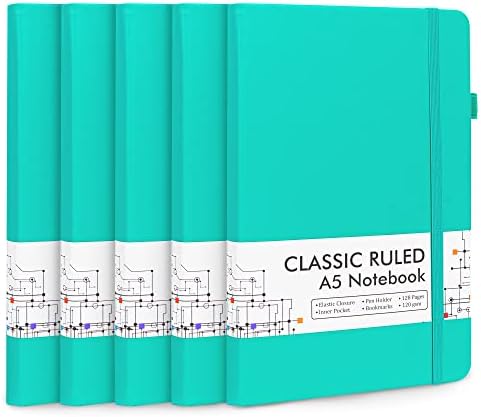 feela 5 Pack Notebooks Journals Bulk, Hardcover Notebook Classic Ruled Lined Journals with Pen Holder for Women Girls School Business Supplies, with 5 Black Pens, 120 GSM, 5.1”x8.3”, A5, Aqua by feela