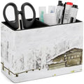 PU Leather Multi-Compartment Pen Holder Desktop Organizer Pencil Cup Storage Caddy for Office Home Supplies Winter Snow Covered The Forest, Wooden Houses in The Woods by Unknown
